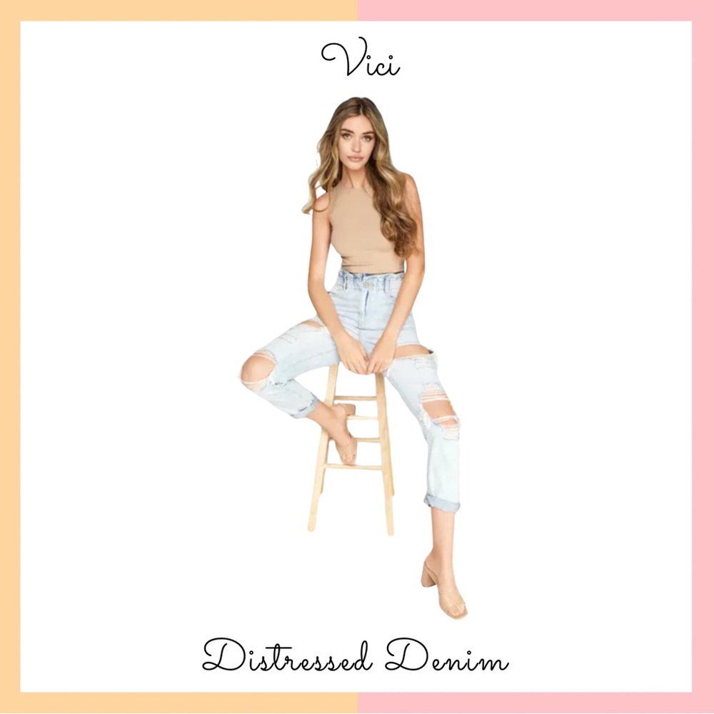 Paper Bag High Waisted Elastic Distressed Jeans